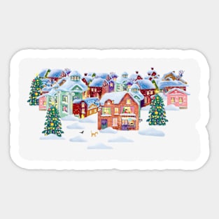 merry snow-covered houses with lights in the new year Sticker